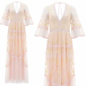 Needle & Thread Midsummer Lace Gown Pink Yellow Embroidered Maxi Full Length US0